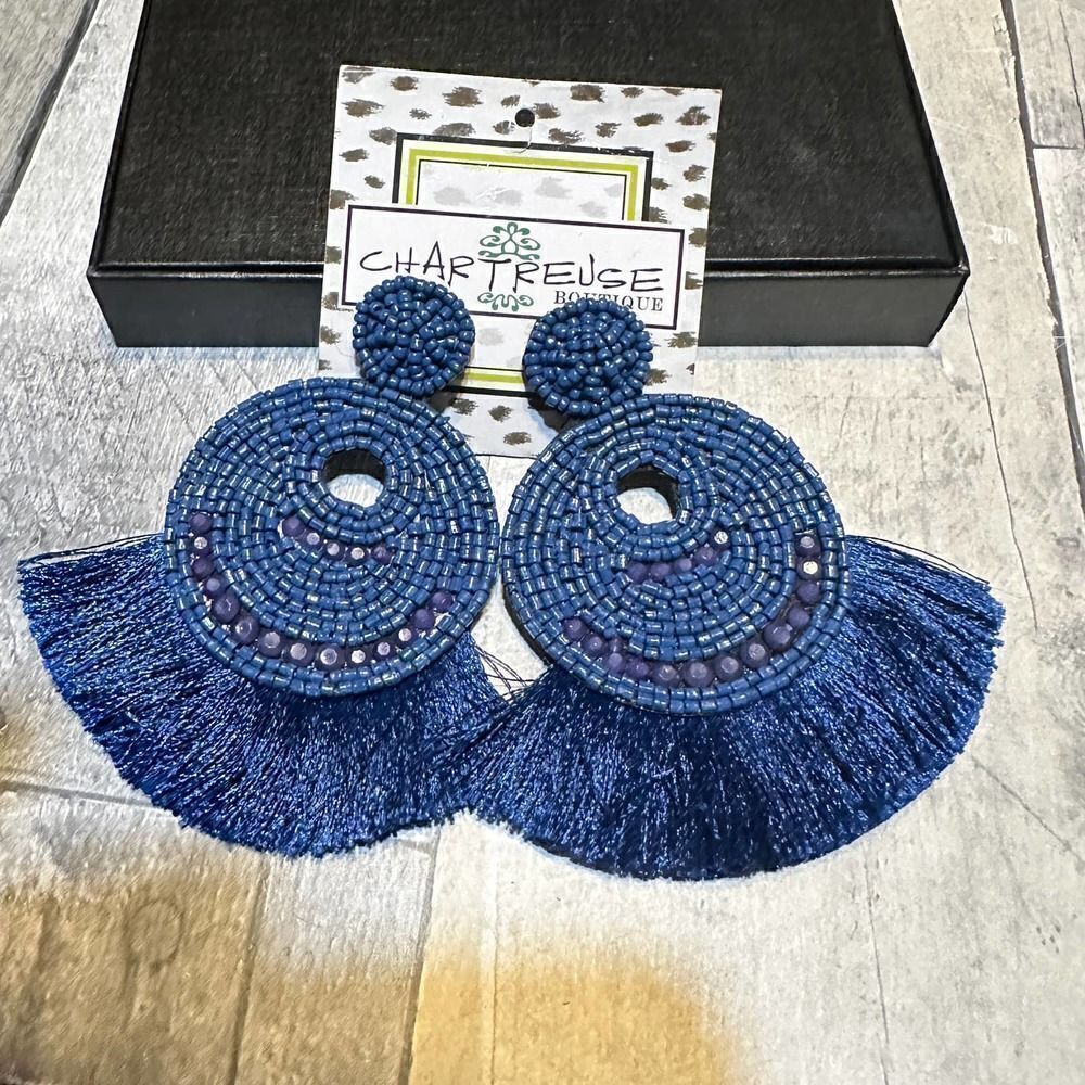 Beaded Blue Tassel Large Statement Earrings